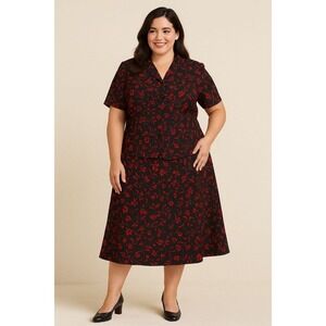 Pendleton‎ Vintage 2pc Skirt Set 16W Black Red Floral Gothic Midi Dark Academia